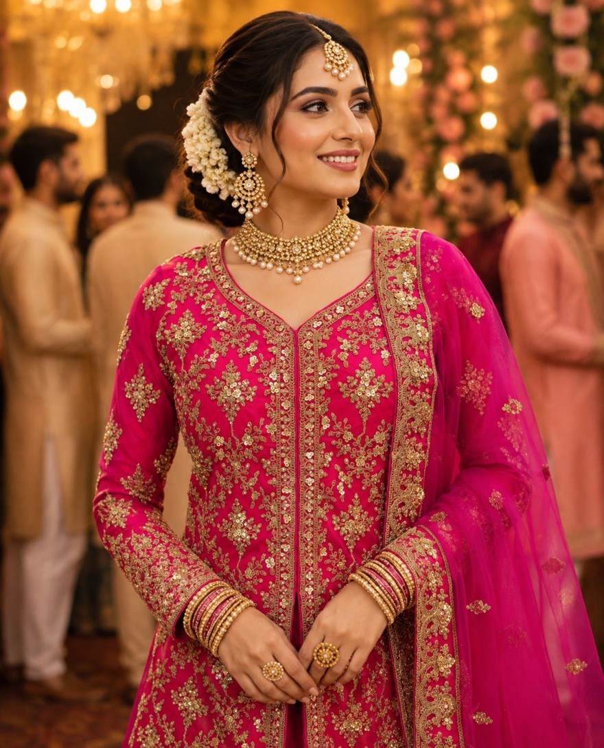 1205 - Pink Embroidered, Sequins and Stone Work Net Lehenga Choli